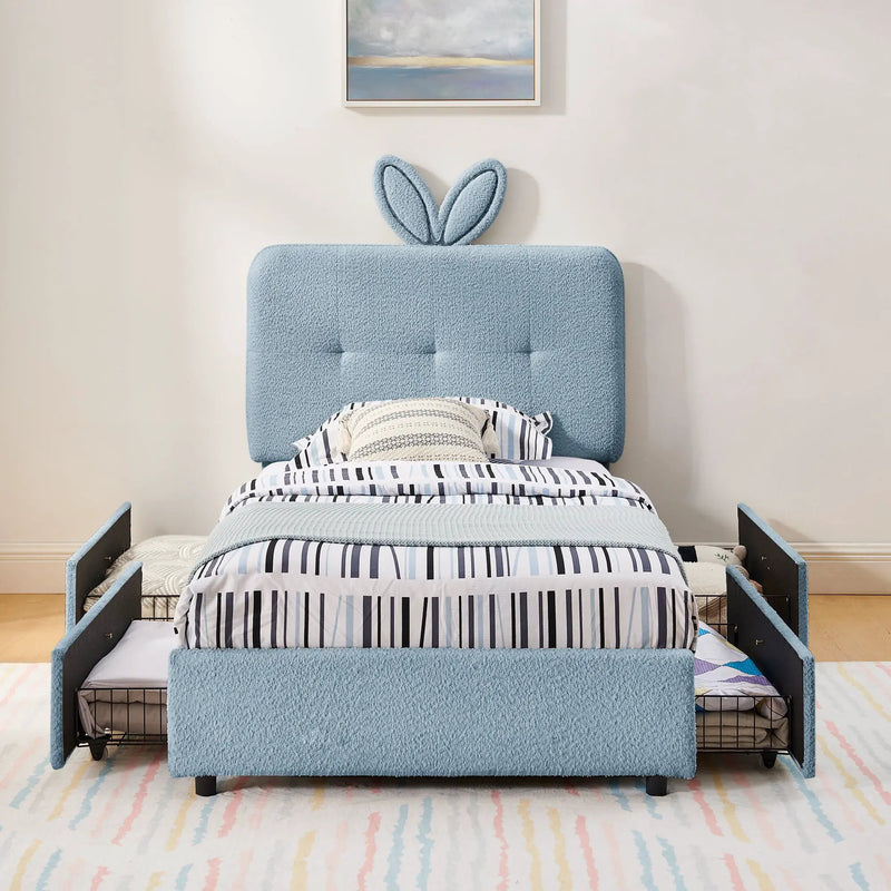 Twin Size Kids Upholstered Bed with Oversized Rabbit Ear Headboard by HouseOfZazla