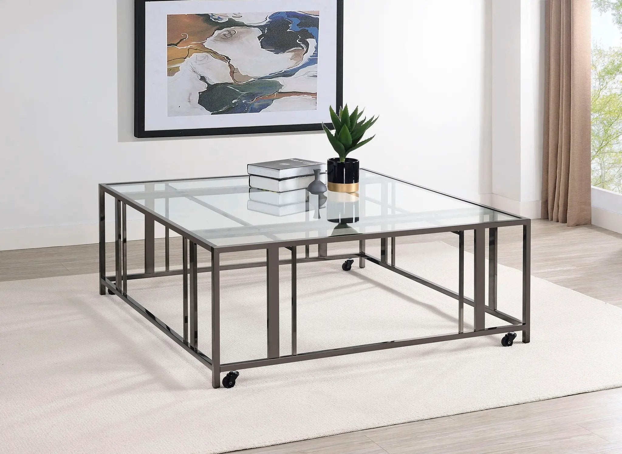 Adri Square Glass Top Coffee Table with Casters Black Nickel by Unique Piece Furniture