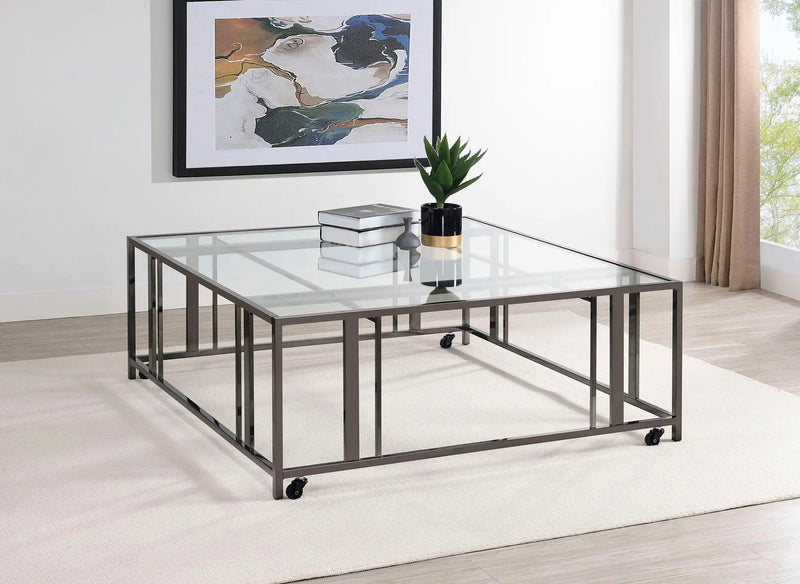 Adri Square Glass Top Coffee Table with Casters Black Nickel by Unique Piece Furniture
