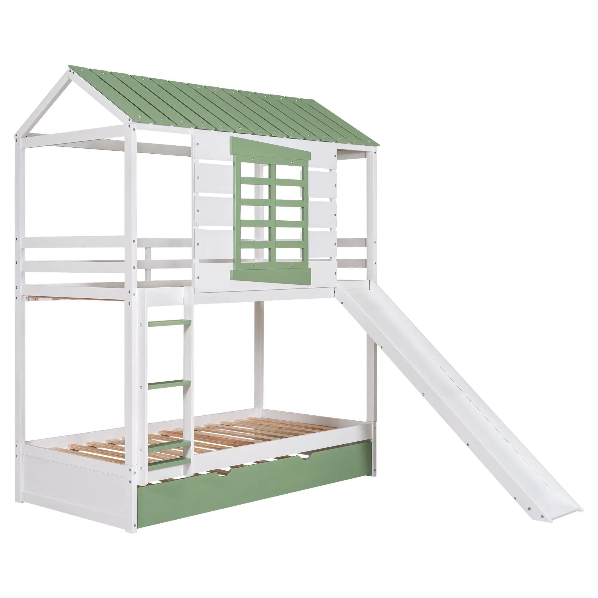 Twin Over Twin House Bunk Bed With Convertible Slide And Trundle - White by HouseOfZazla
