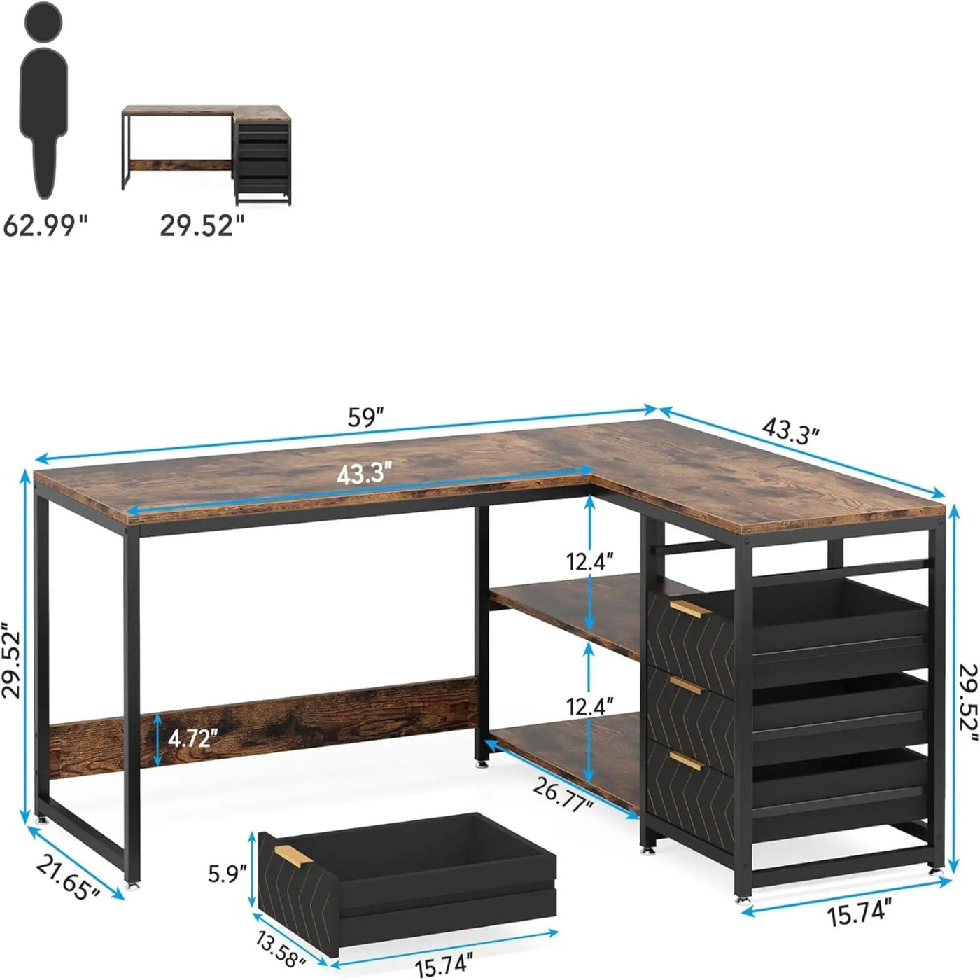 L-Shaped Computer Desk With Drawers And Shelves, Workstation For Home Office by HouseOfZazla