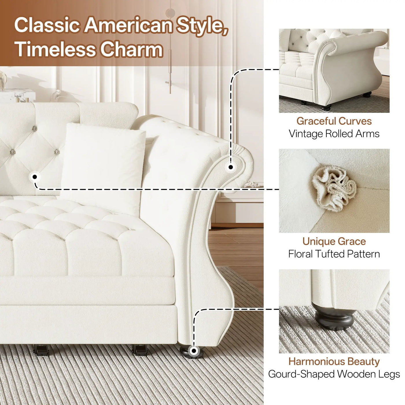 Oversized Chesterfield Pull Out Sofa Bed, Roll Arm Couch With Flower Tufting For Living Room by HouseOfZazla
