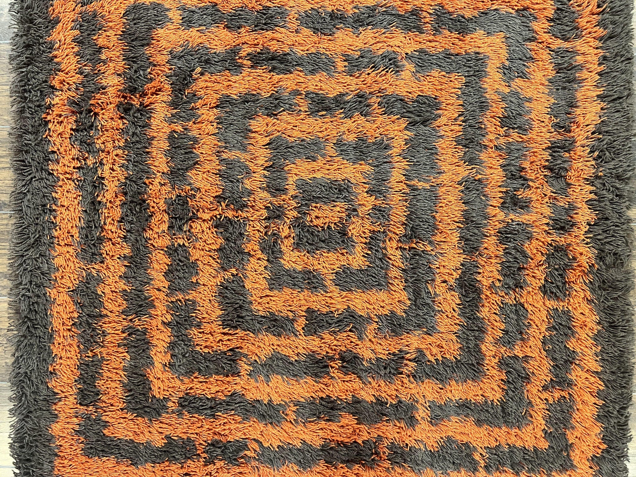 Vintage Rya Shag Rug 4.6 x 6.6, Abstract Design, Brown and Orange, Mid Century Danish Rya Carpet by Jewel Rugs