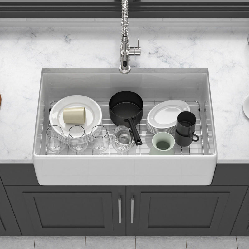 Ceramic Farmhouse Sink With Deep Basin And Stainless Steel Grid by HouseOfZazla