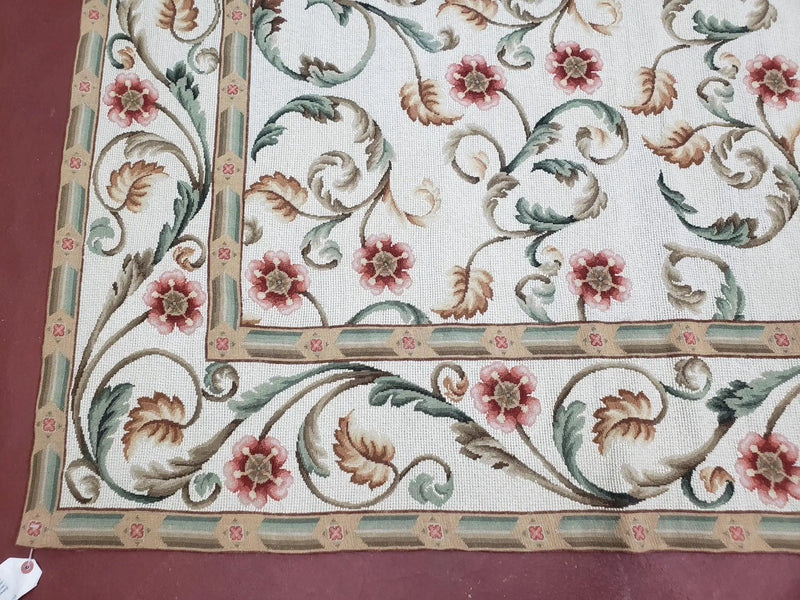 Needlepoint Rug 9x12, European Aubusson Design, Floral Allover Garden Pattern, New Needlepoint Area Rug, Ivory Rug, Hand Woven, Flatweave by Jewel Rugs