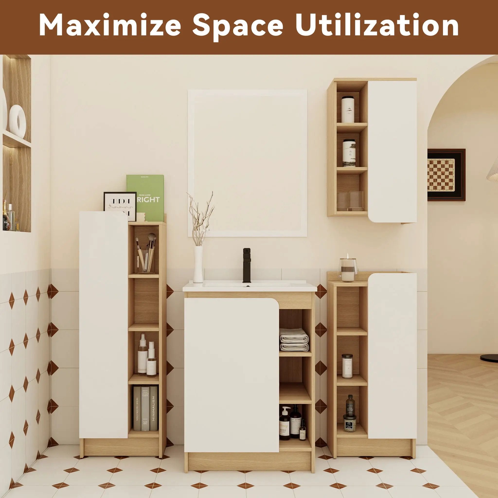 4 Piece Bathroom Vanity Set With Sink, Vanity Combo With Storage Cabinets - Black / Light Oak / White
