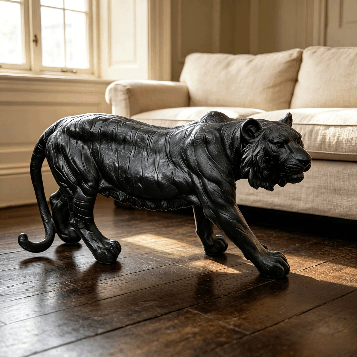 Matte Black Tiger Outdoor Statue with Weatherproof Resin - Black