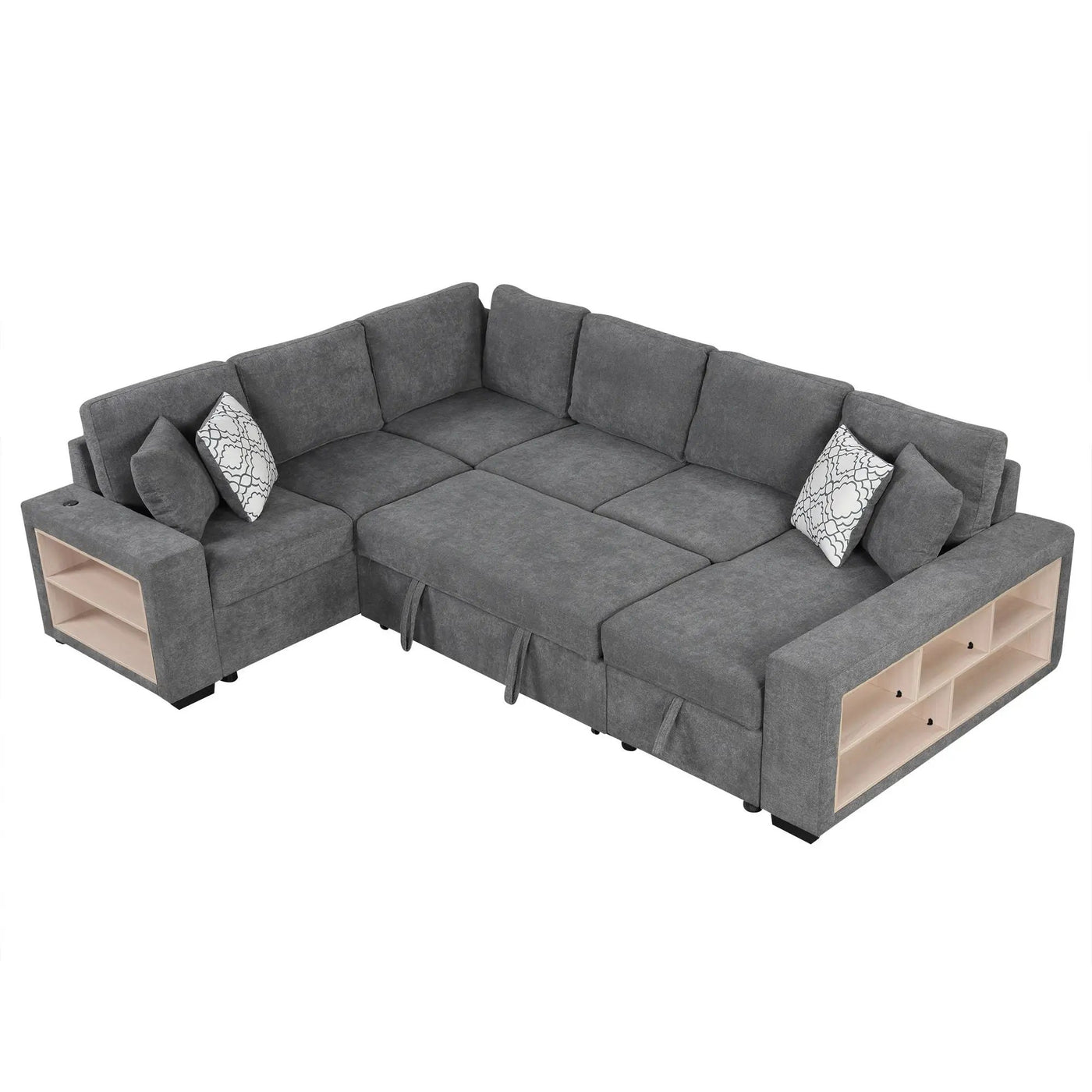 U-Shaped Sectional Sofa Pull-Out Sofa Bed With Two USB Ports, A Storage Chaise Lounge And Four Back Pillows For Living Room by HouseOfZazla