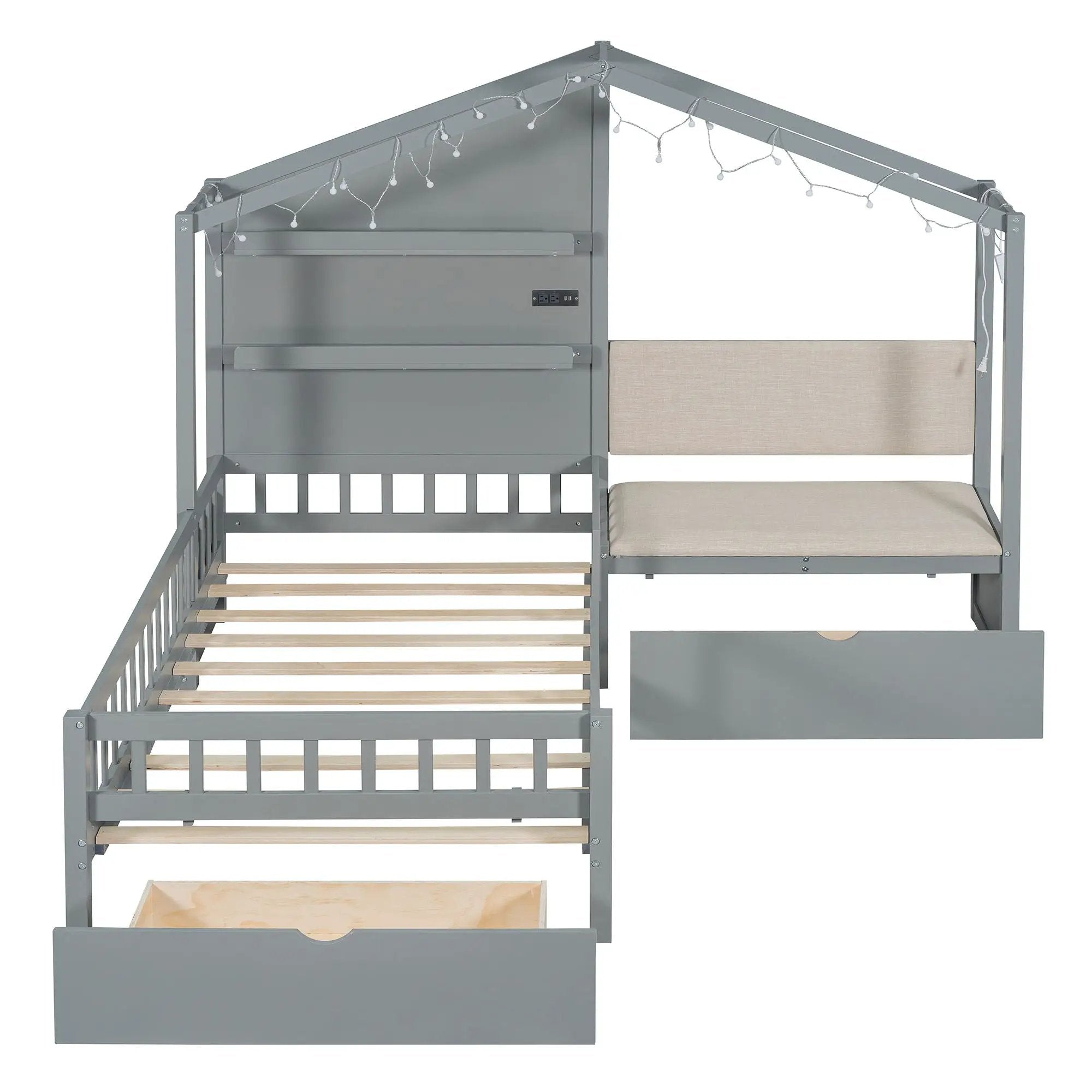 House Bed With Upholstered Sofa, Wireless Charging Station, Shelves And 2 Drawers by HouseOfZazla