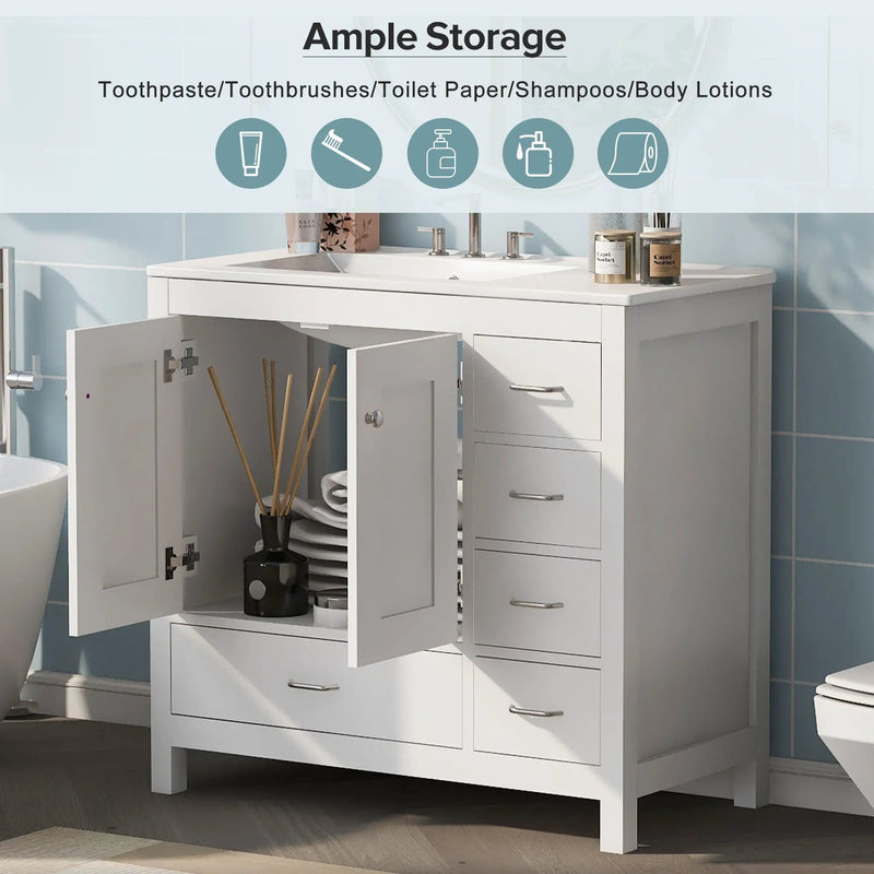 Bathroom Vanity With Ceramic Sink Combo, Abundant Storage Cabinet 2 Soft Close Doors And 5 Drawers by HouseOfZazla