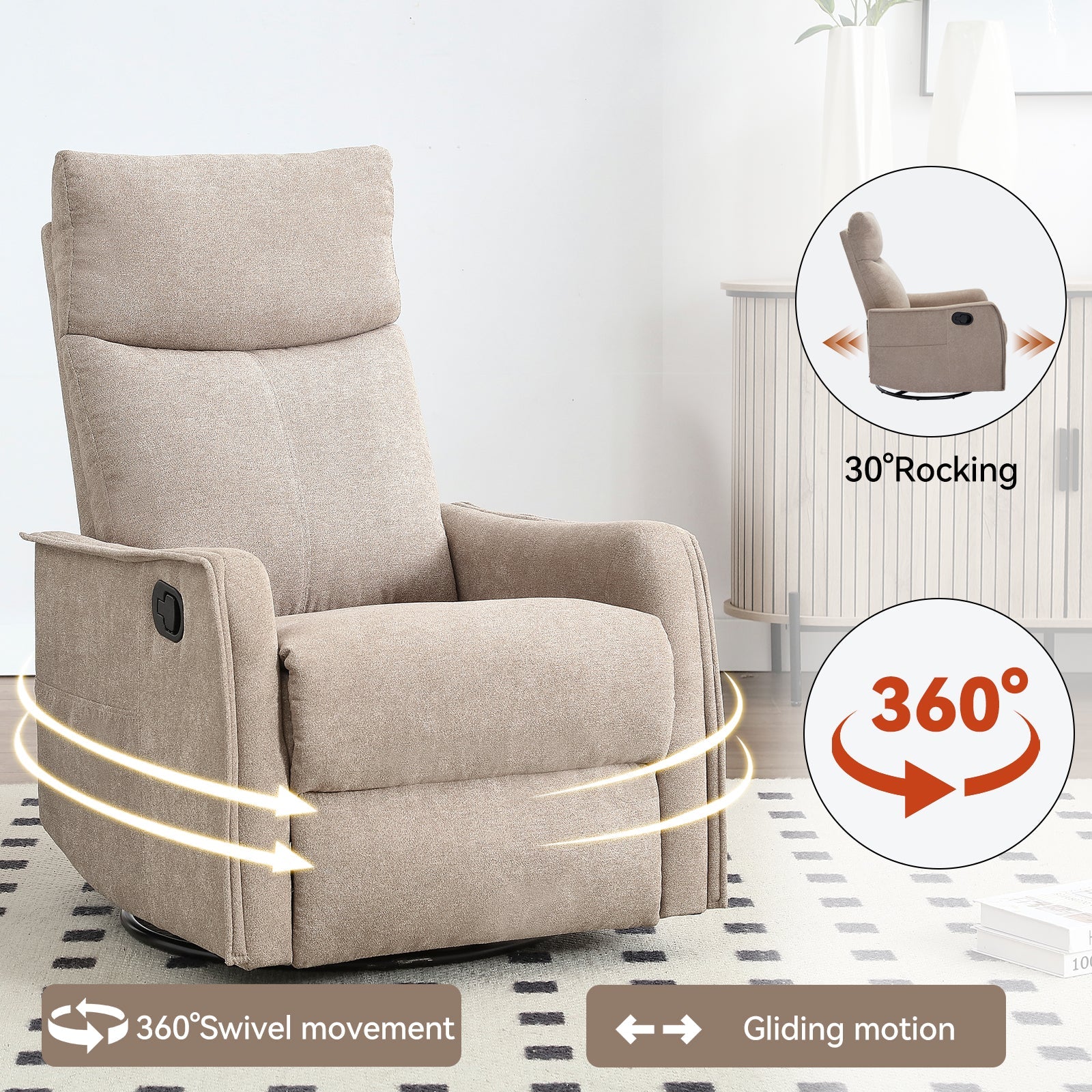 Heat Massage Manual Recliner Chair with Rocker and Swivel in Fabric for Living Room, Khaki by HouseOfZazla