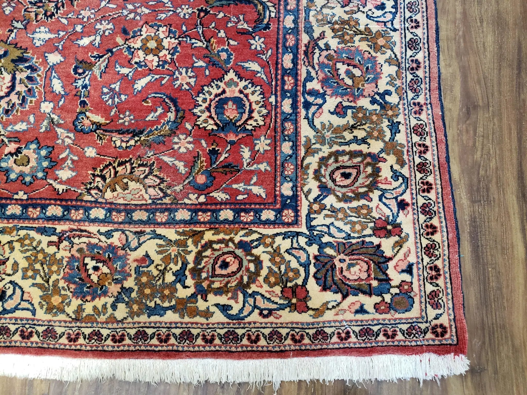 Semi Antique Persian Kashan Rug, Red & Beige, Hand-Knotted, Wool, 4'7" x 6' 6", Pair B by Jewel Rugs