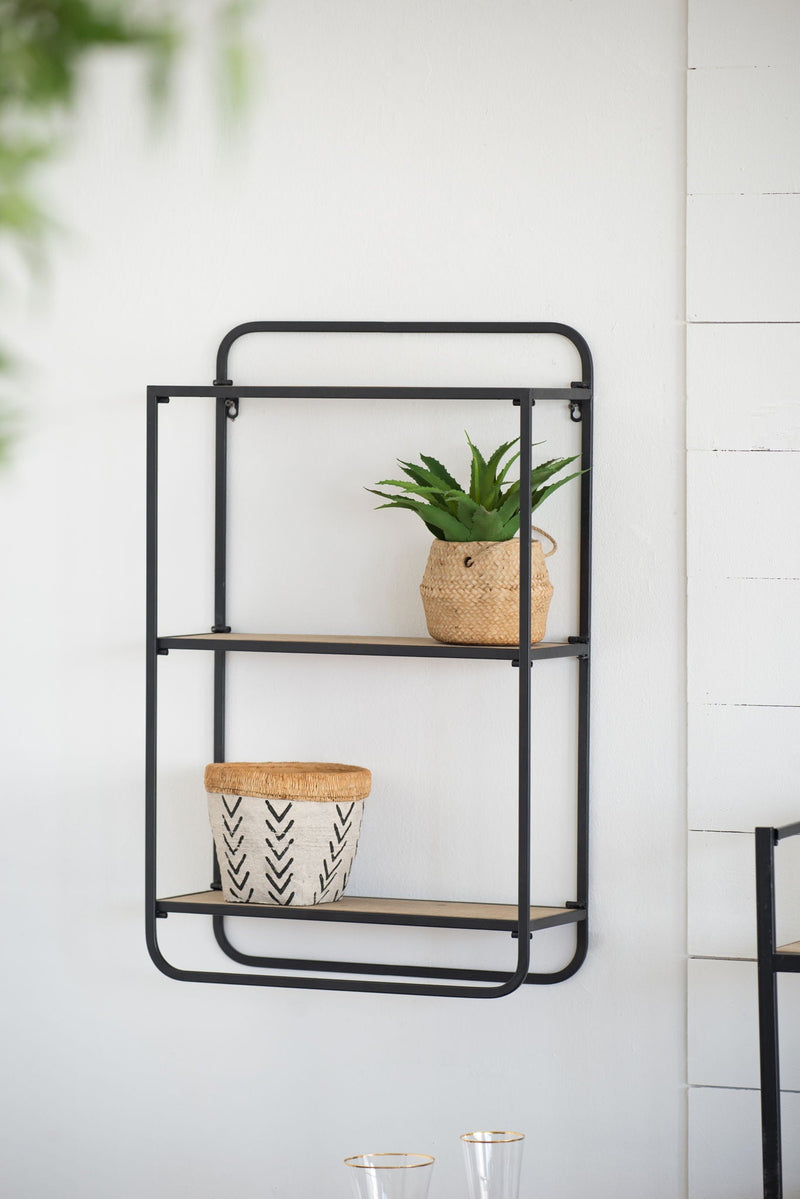 Black Brown Wall Shelf with Three Tiers - Iron & Fir Wood
