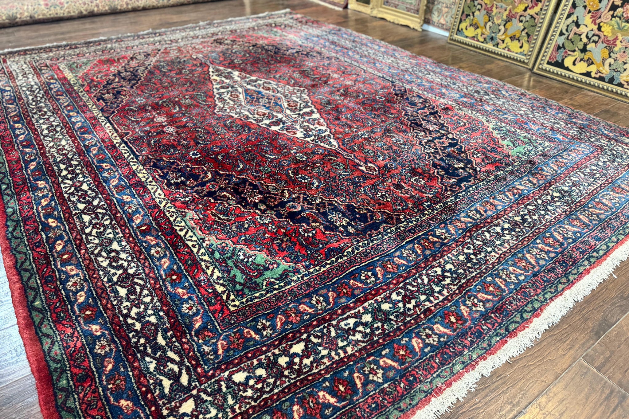 Antique Persian Hamadan Tribal Rug 8x10, Red and Ivory, Medallion Rug, Wool Handmade Carpet by Jewel Rugs