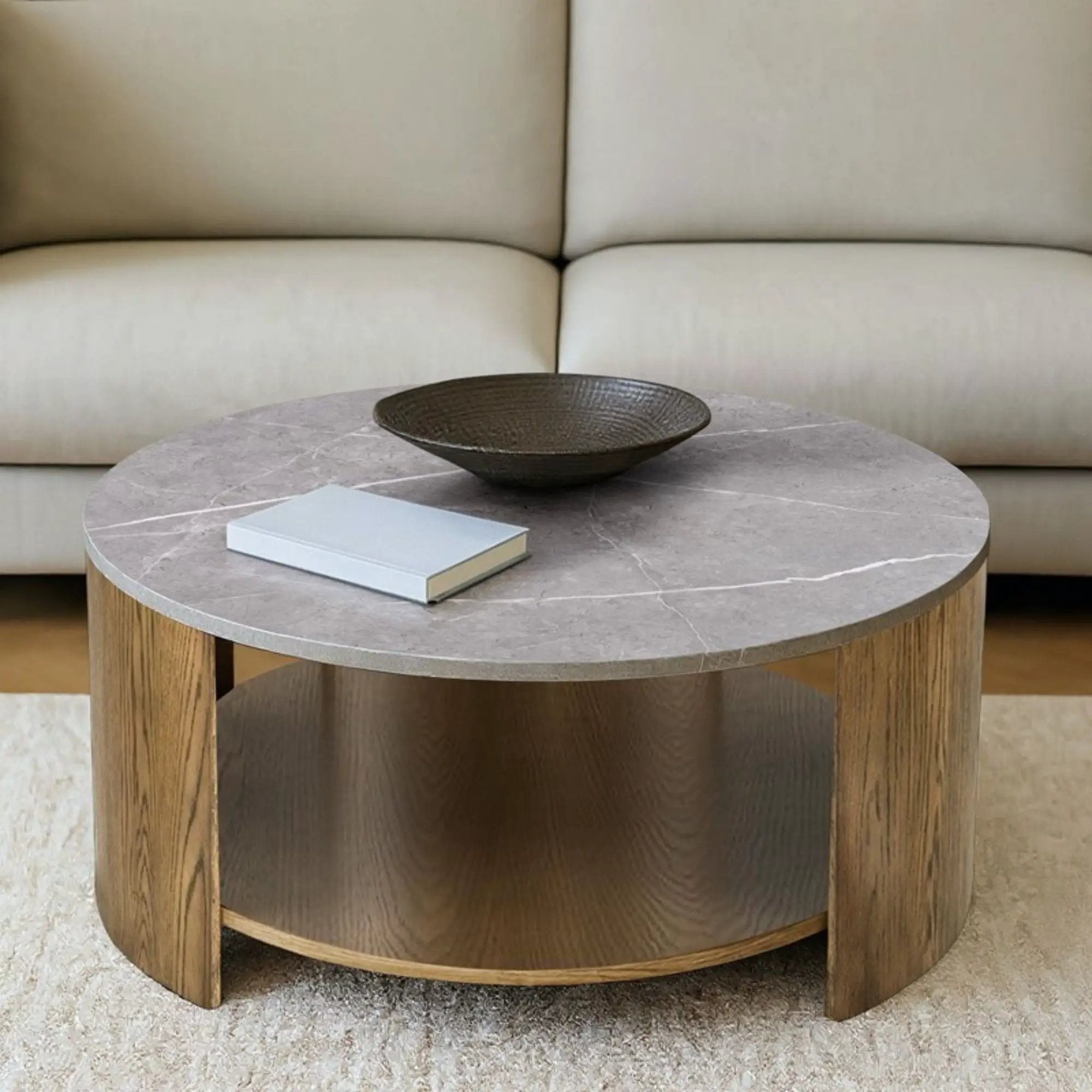 Keegan - Round Coffee Table With Shelf - Oak by HouseOfZazla