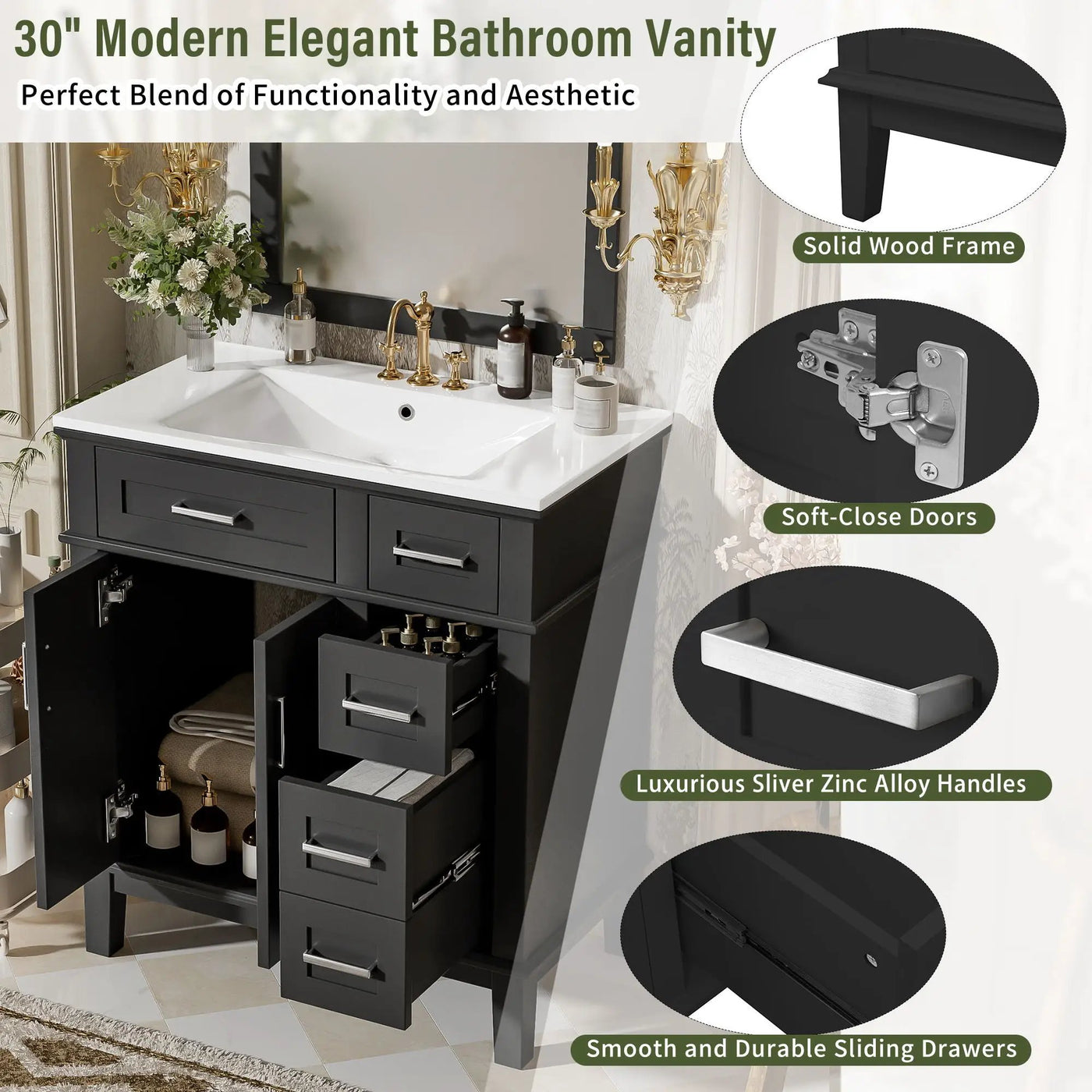 Modern Bathroom Vanity With Sink, Storage Cabinet, Soft Close Doors, Deep & Standard Drawers by HouseOfZazla