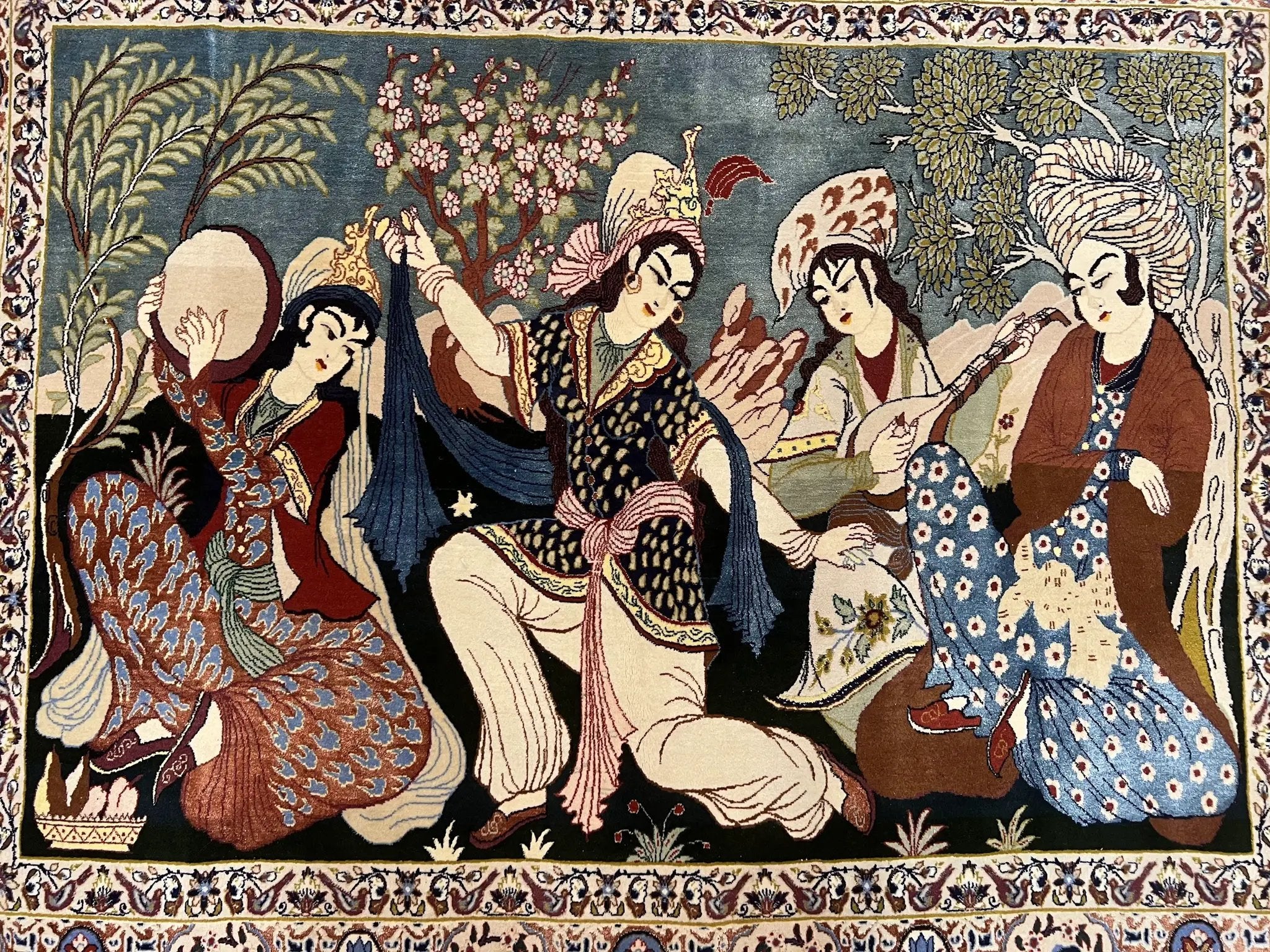 Persian Pictorial Rug 5 x 4 ft, Persian Isfahan Rug, Kork Wool on Silk Foundation, Signature from Master Weaver, Drums and Musical Instruments, Birds, Detailed by Jewel Rugs