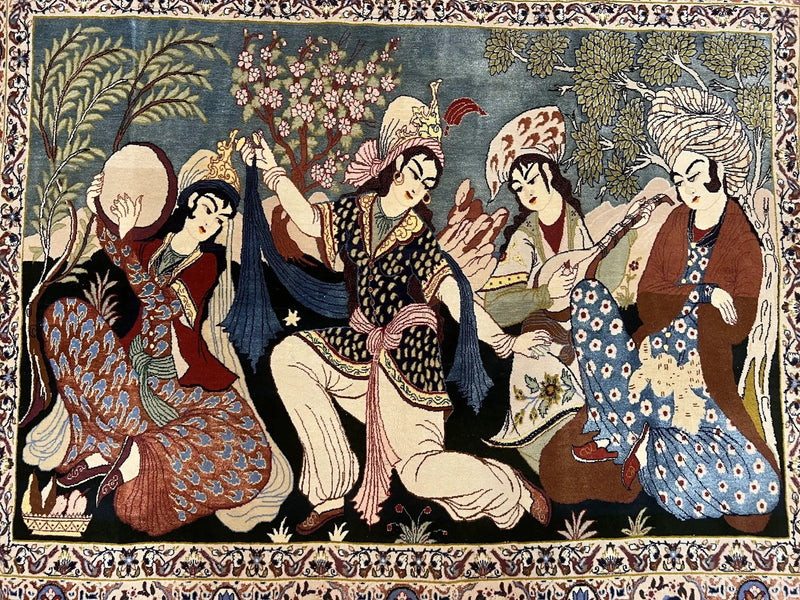 Persian Pictorial Rug 5 x 4 ft, Persian Isfahan Rug, Kork Wool on Silk Foundation, Signature from Master Weaver, Drums and Musical Instruments, Birds, Detailed by Jewel Rugs