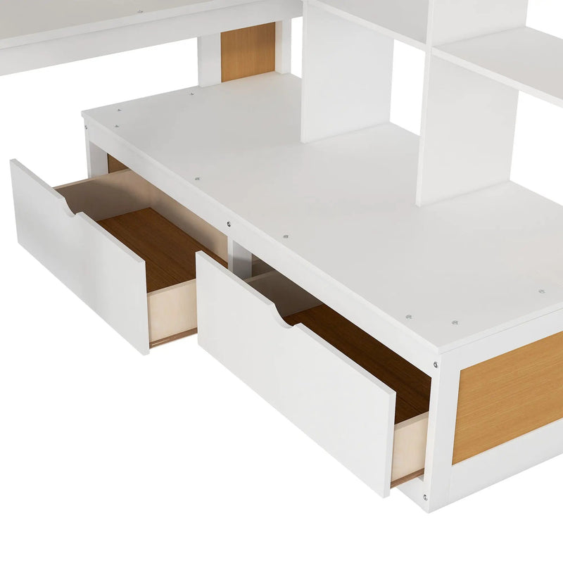Full Size Loft Bed With Desk And Shelves, 2 Built In Drawers, Storage Staircase - Natural / White by HouseOfZazla