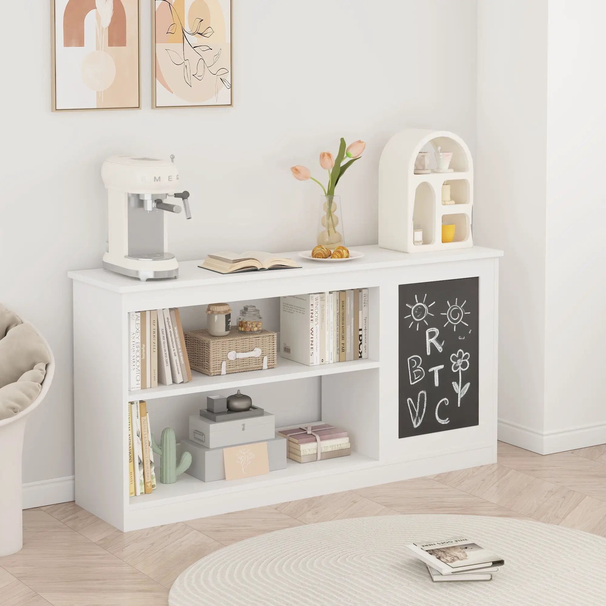 3 In 1 Bookshelf And Toy Storage Cabinet With Chalkboard, Organizer For Playroom - White by HouseOfZazla