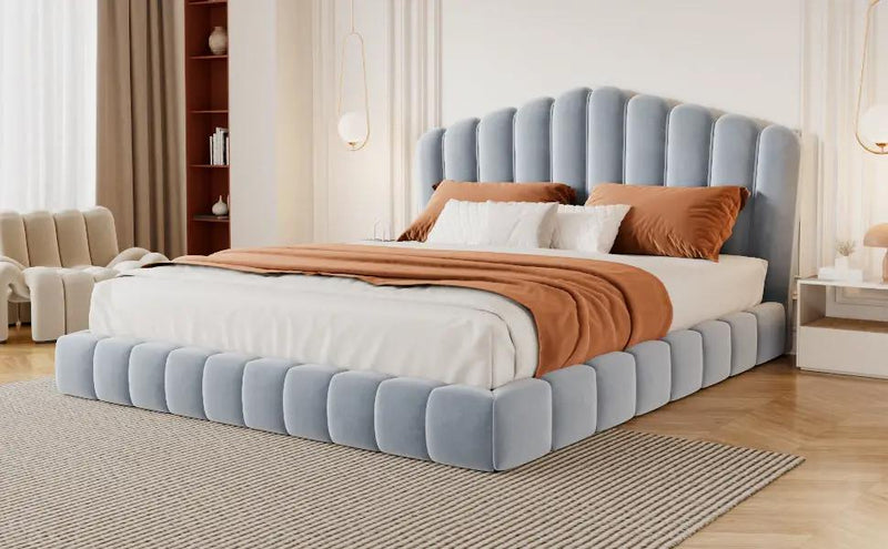 Velvet Upholstered Queen Bed with Shell-Shaped Headboard by HouseOfZazla