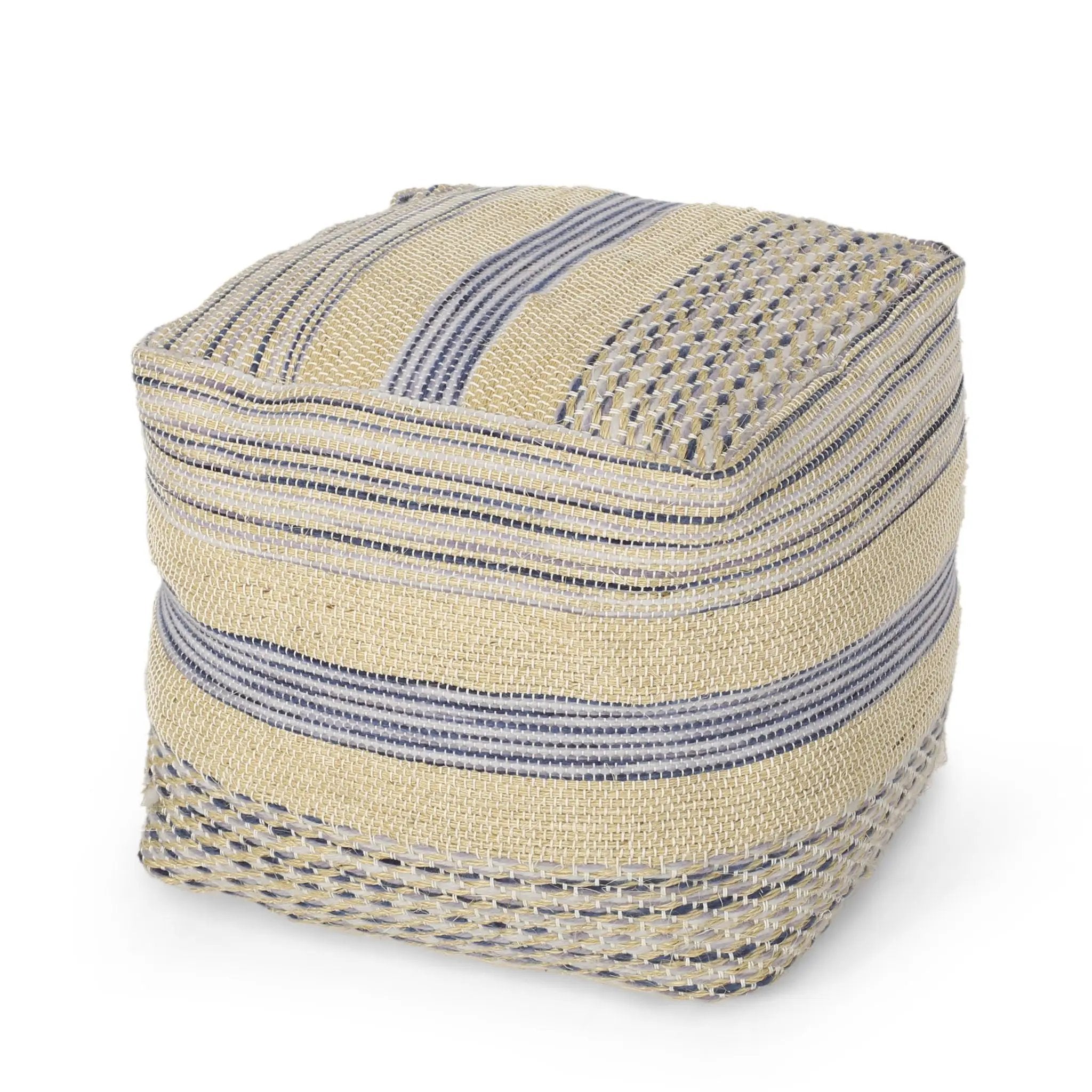 Western - Handcrafted Fabric Pouf, Durable - Natural / Blue by HouseOfZazla