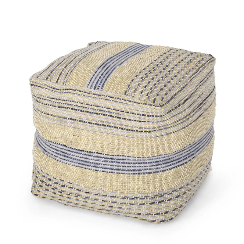 Western - Handcrafted Fabric Pouf, Durable - Natural / Blue by HouseOfZazla