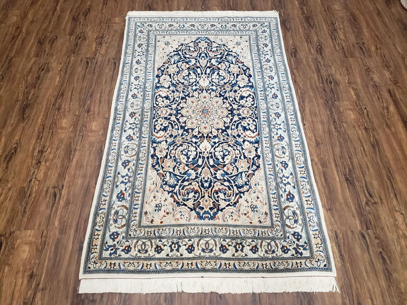 Persian Nain Rug 4x6, Ivory and Blue, Hand-Knotted, Wool & Silk by Jewel Rugs