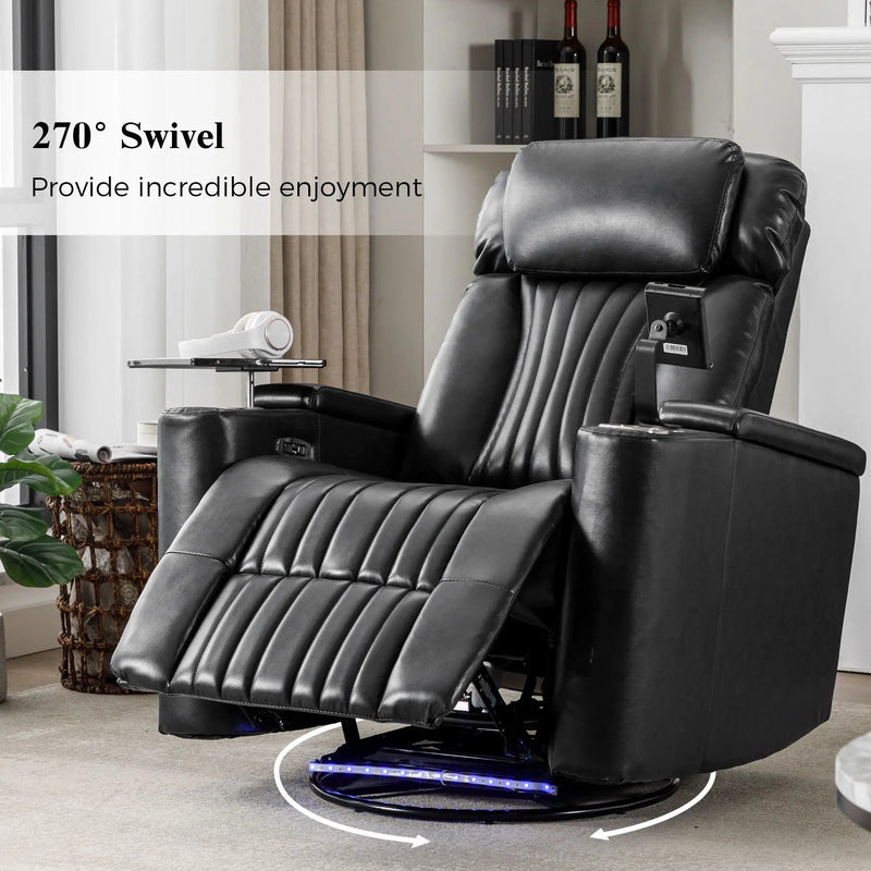 270° Power Swivel Recliner Home Theater Chair With Hidden Arm Storage, LED Light, Cup Holder, And Tray Table by HouseOfZazla
