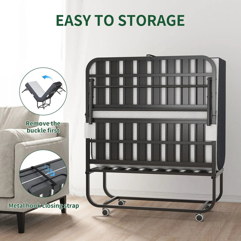 Twin Folding Bed With Memory Foam Mattress Portable Rollaway Bed Sturdy Metal Frame - Brushed Nickel by Unique Piece Furniture
