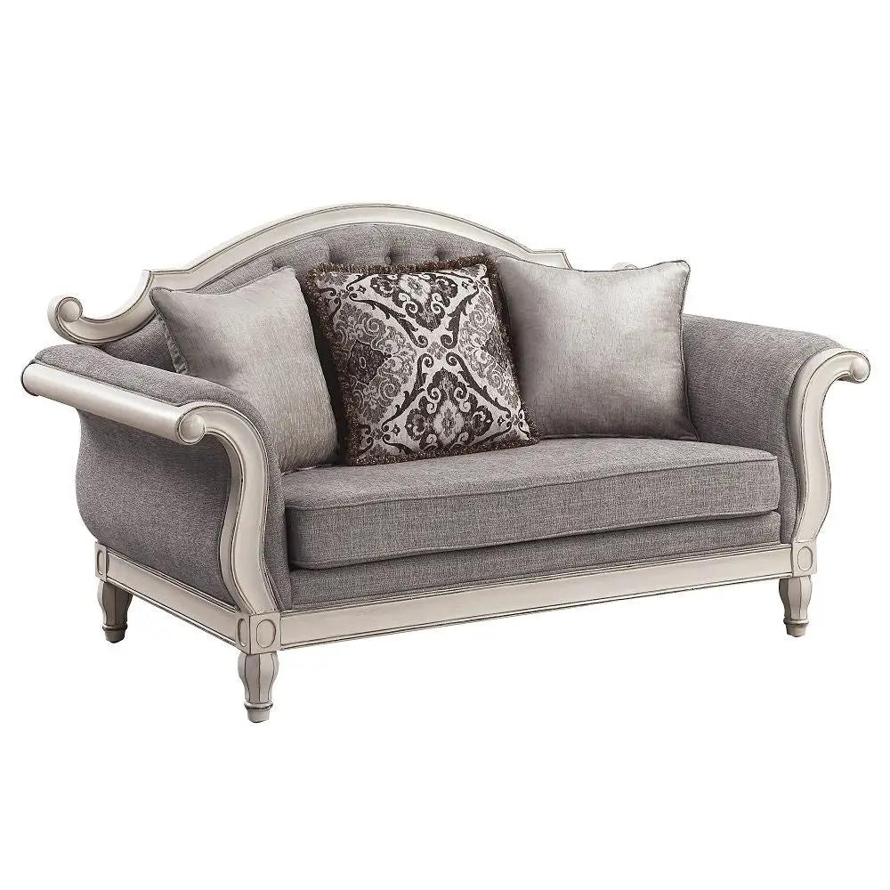 Florian - Loveseat With 3 Pillows - Gray Fabric & Antique White by Unique Piece Furniture