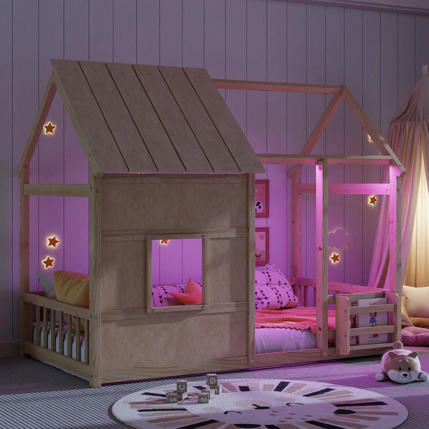 House Floor Bed With 7 Color LED Light, Built In Bookshelf by HouseOfZazla
