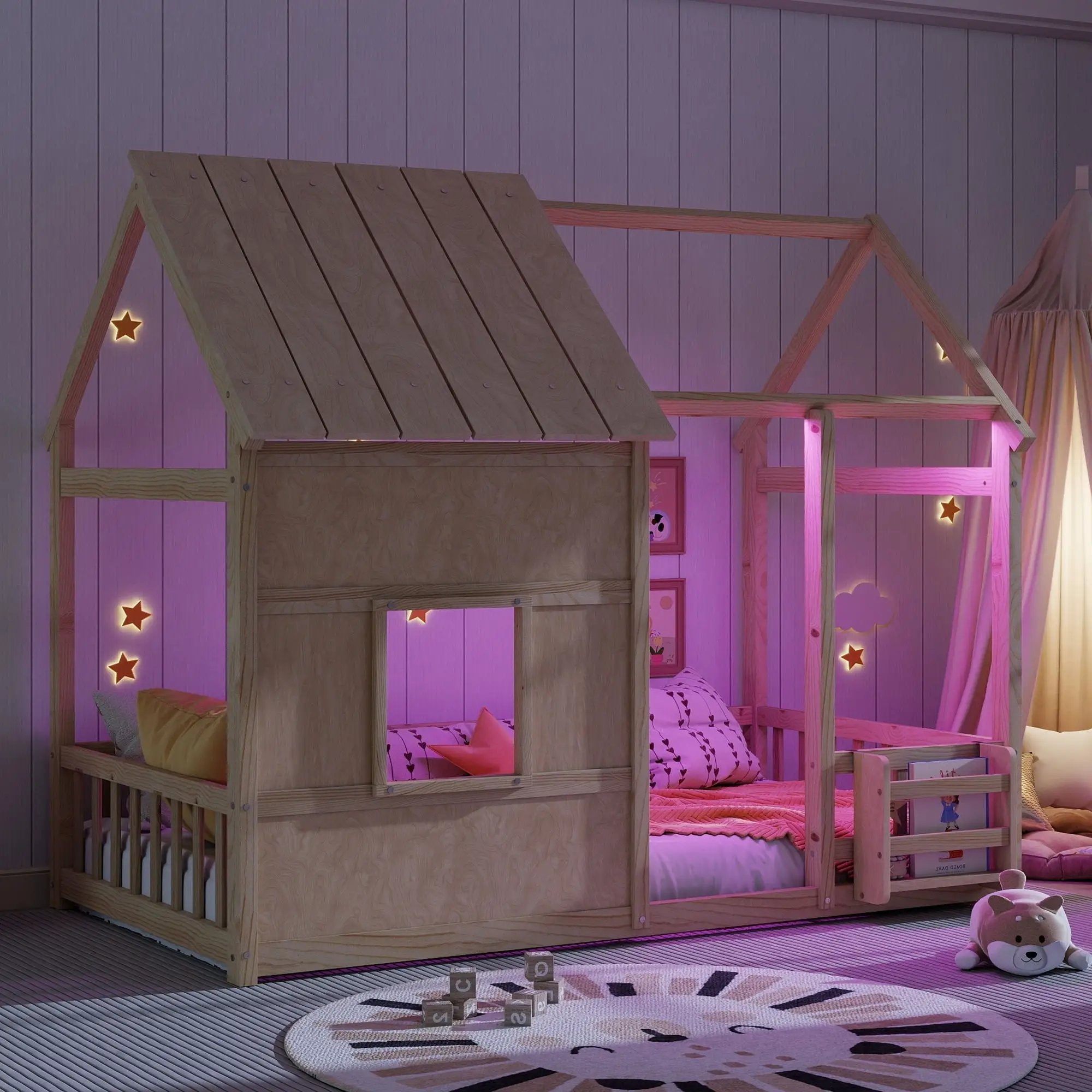 House Floor Bed With 7 Color LED Light, Built In Bookshelf by HouseOfZazla