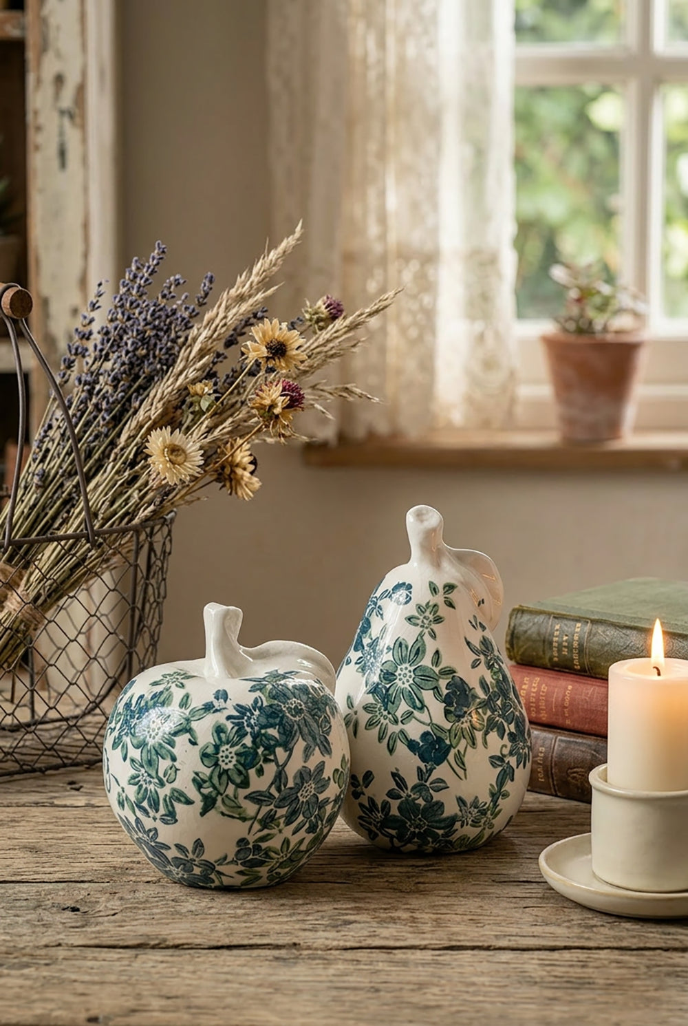 Floral Ceramic Pear and Apple Decor Set with Elegant Ivory Finish, photo 9 of 10