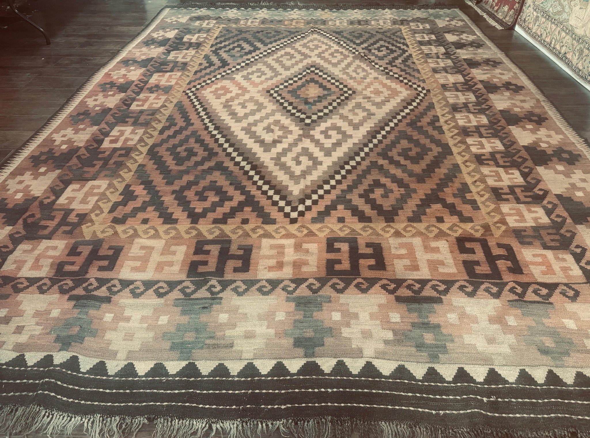 Antique Persian Tribal Kilim Rug 9x12, Zig Zag Pattern Kilim, Zarand Rug, Wool, Earth Tone Colors by Jewel Rugs