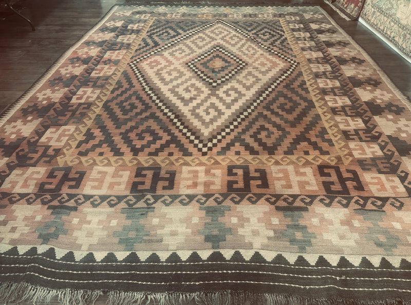 Antique Persian Tribal Kilim Rug 9x12, Zig Zag Pattern Kilim, Zarand Rug, Wool, Earth Tone Colors by Jewel Rugs