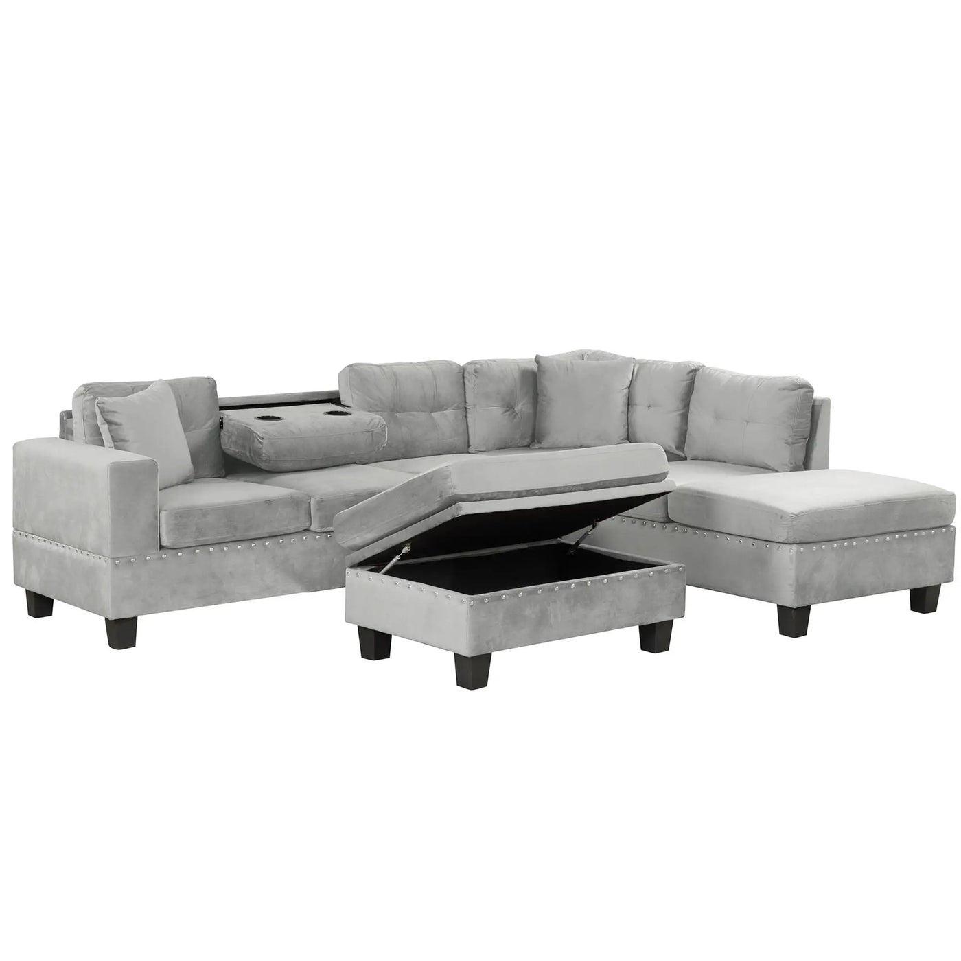 Modern Sectional Sofa With Storage Ottoman, L - Shape Couch With 2 Pillows And Cup Holders by HouseOfZazla