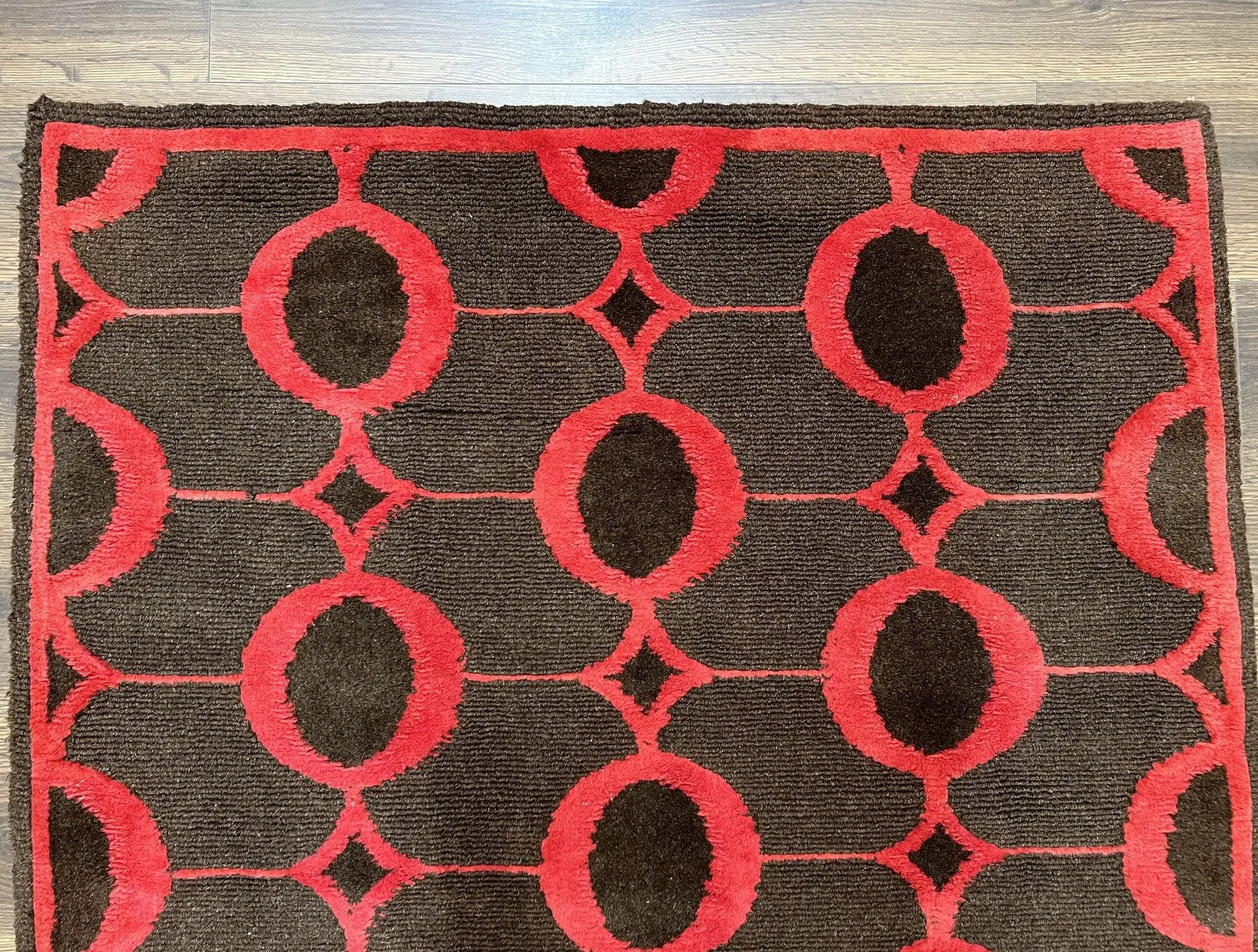 Modern Tibetan Rug 3.8 x 5.7, Raspberry Red and Dark Brown, Abstract Circle Design, Hand Knotted, Soft Wool Handmade Tibet Nepali Carpet 4x6 by Jewel Rugs