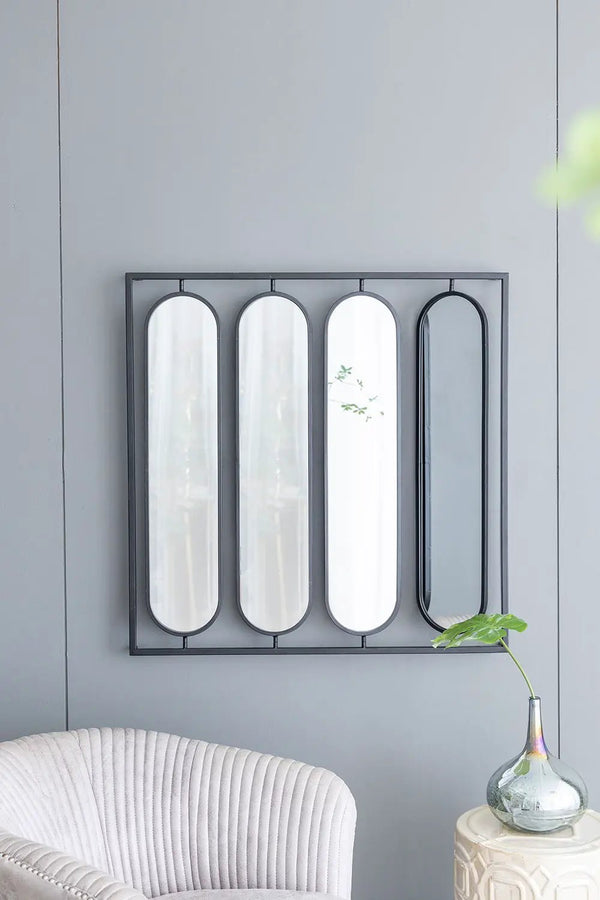 Large 4 Oval Wall Mirror With Square Frame, Home Decor For Living Room, Bedroom, Entryway, Office - Black
