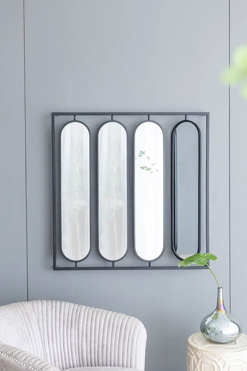Large 4 Oval Wall Mirror With Square Frame, Home Decor For Living Room, Bedroom, Entryway, Office - Black by HouseOfZazla