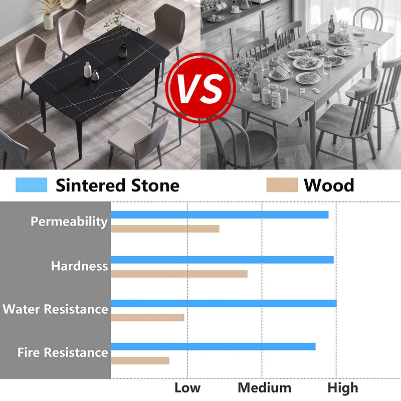 63" Artificial Stone Black Curved Black Metal Leg Dining Table, 6 People - Black by HouseOfZazla