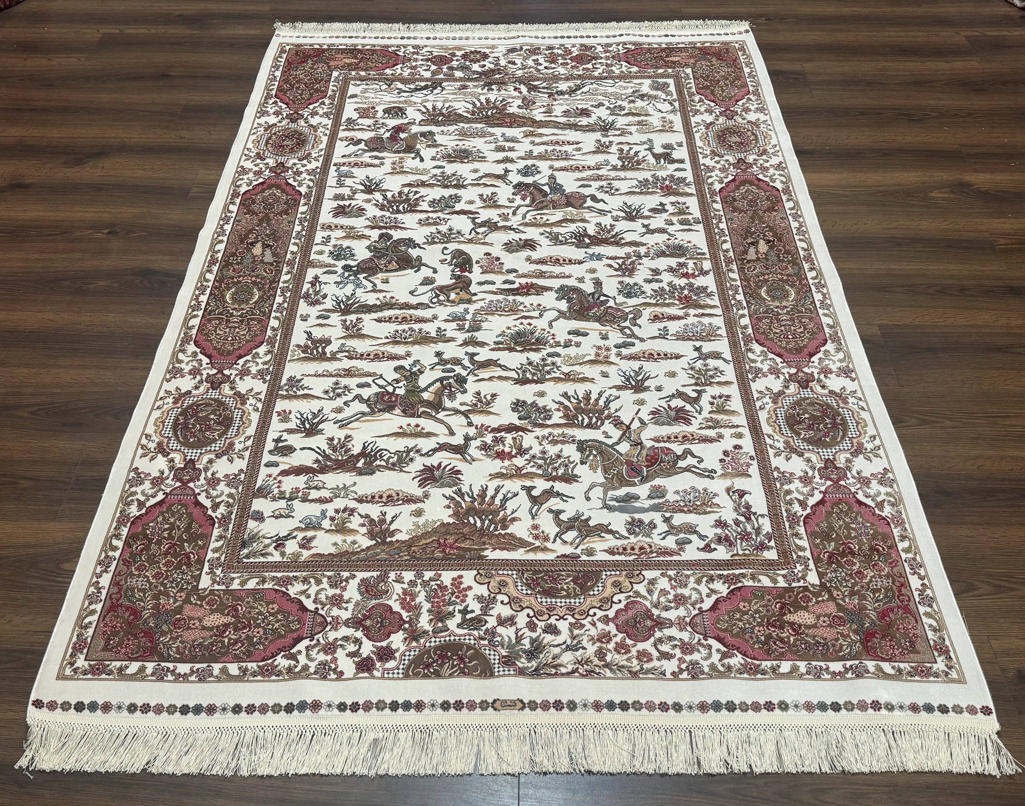 Turkish Silk Rug 5x8, Ivory, Hunting Design, Animal Pictorials, Bamboo Silk by Jewel Rugs
