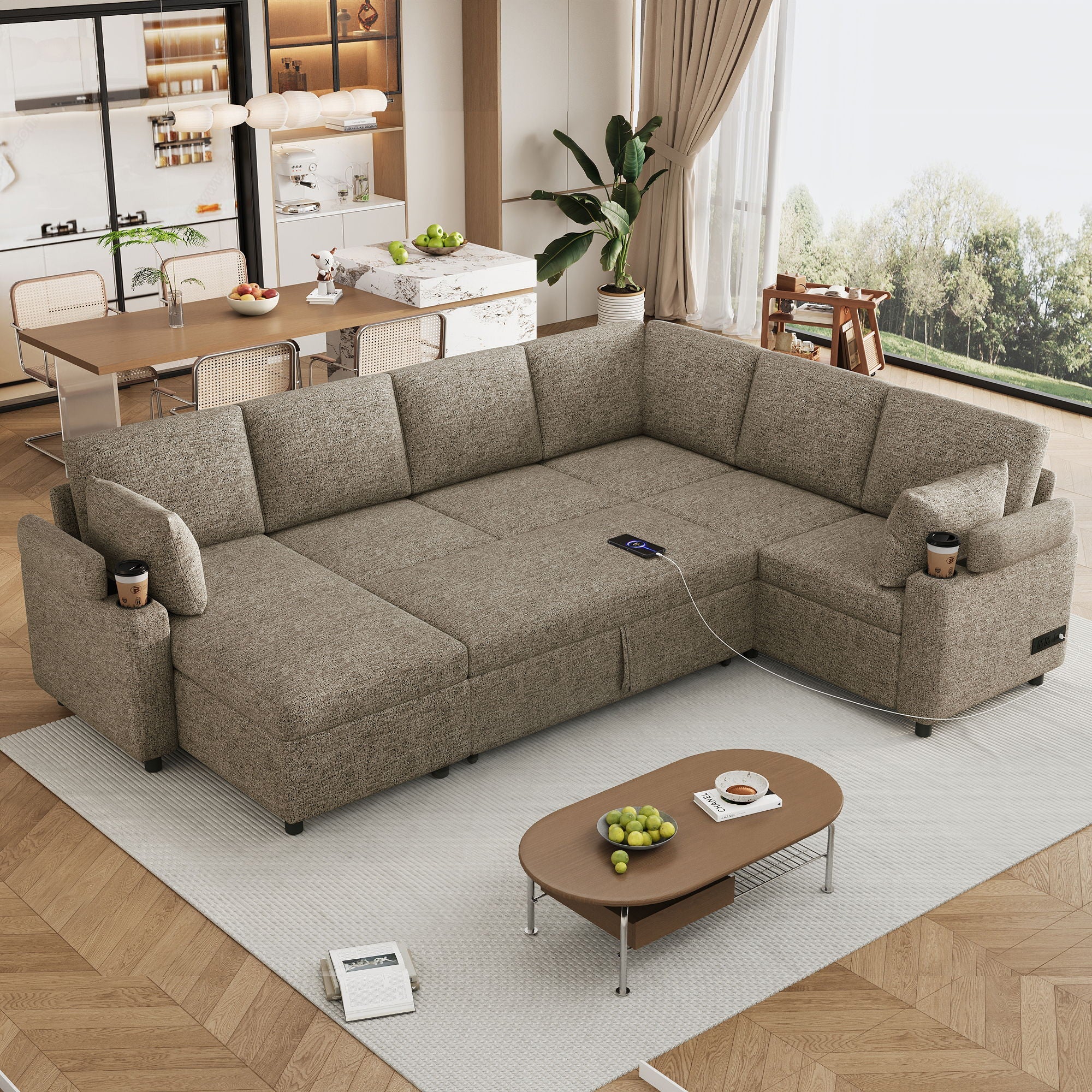 U-Shaped Sectional Sofa Bed With Storage, Charging Ports, And Cup Holders - Brown by Unique Piece Furniture