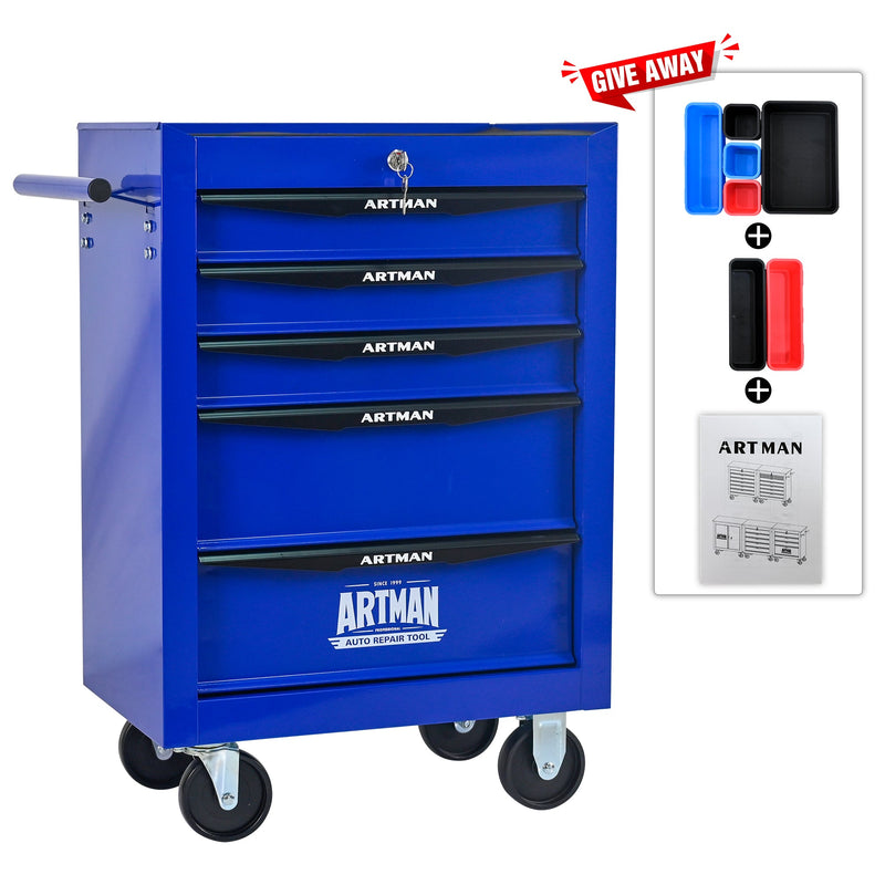 Rolling Metal Tool Chest with 5 Drawers - Black+Blue, photo 3 of 10
