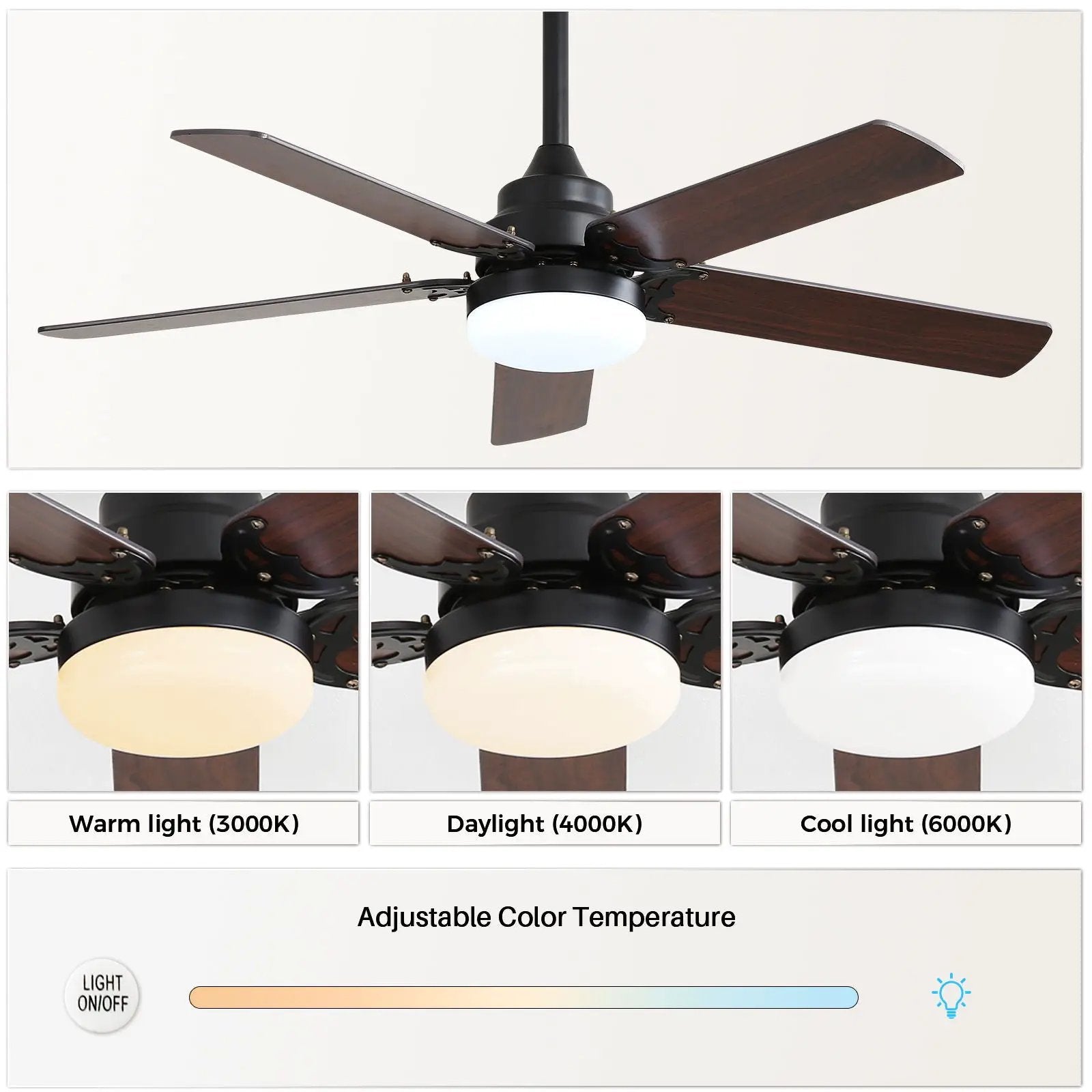 Modern Ceiling Fan With 3 Color Dimmable Light 5 Blades Remote Control Reversible Dc Motor For Bedroom - Black by HouseOfZazla