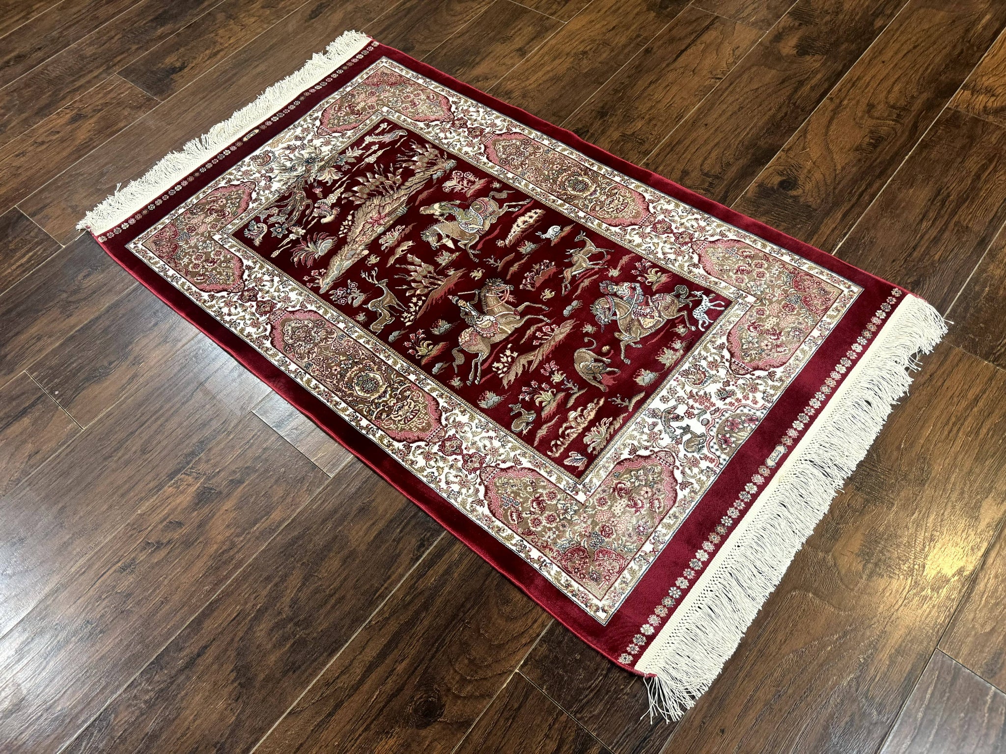 Dark Red Turkish Silk Rug 2.6 x 4, Hunting Design Scene, Bamboo Silk by Jewel Rugs