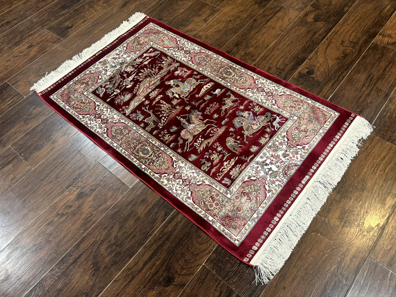 Dark Red Turkish Silk Rug 2.6 x 4, Hunting Design Scene, Bamboo Silk by Jewel Rugs