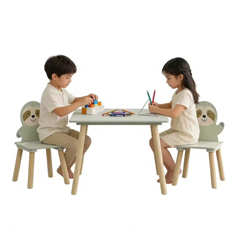 Sloth Themed Table And Chair Set With 2 Cute Animal Chairs - Natural Wood / Sage Green by HouseOfZazla