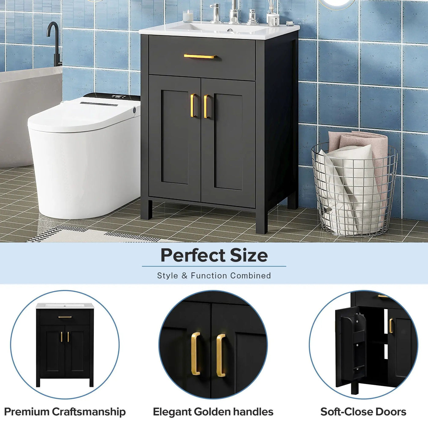 Modern Bathroom Vanity With Ceramic Sink, Soft-Close Doors, Flip Drawer, U-Shaped Shelves, Elegant Storage Solution by HouseOfZazla