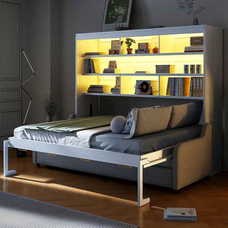 Murphy Cabinet Bed With Folding Sofa, Built In Storage Shelves And LED Light by Unique Piece Furniture